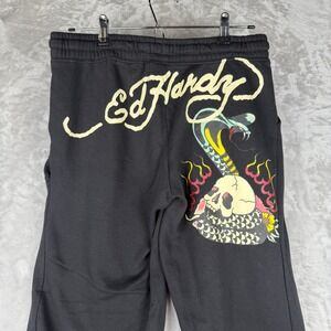 Ed Hardy Mens Black Skull Snake Graphic Sweatpants Joggers Size L